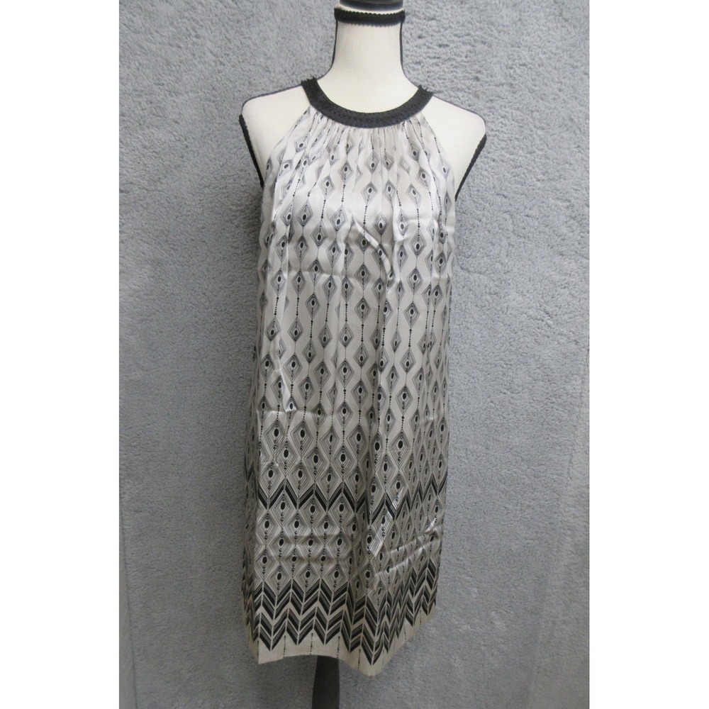 Maggy London Satin Shift Dress Womens M Gray Black Geo Halter Beaded Occasional